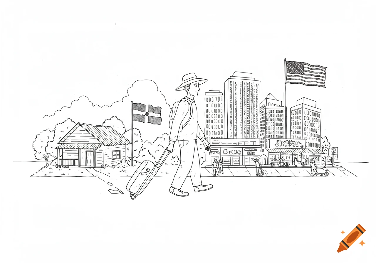 Black and white illustration of a man with suitcase walking from a house with a Dominican flag toward a city with an American flag.