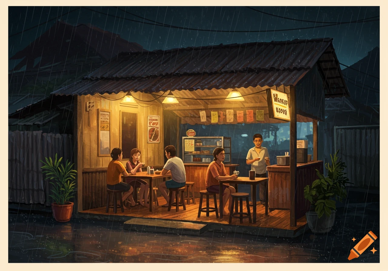 A group of people sit inside a warm, lit coffee shop during a rainy night.