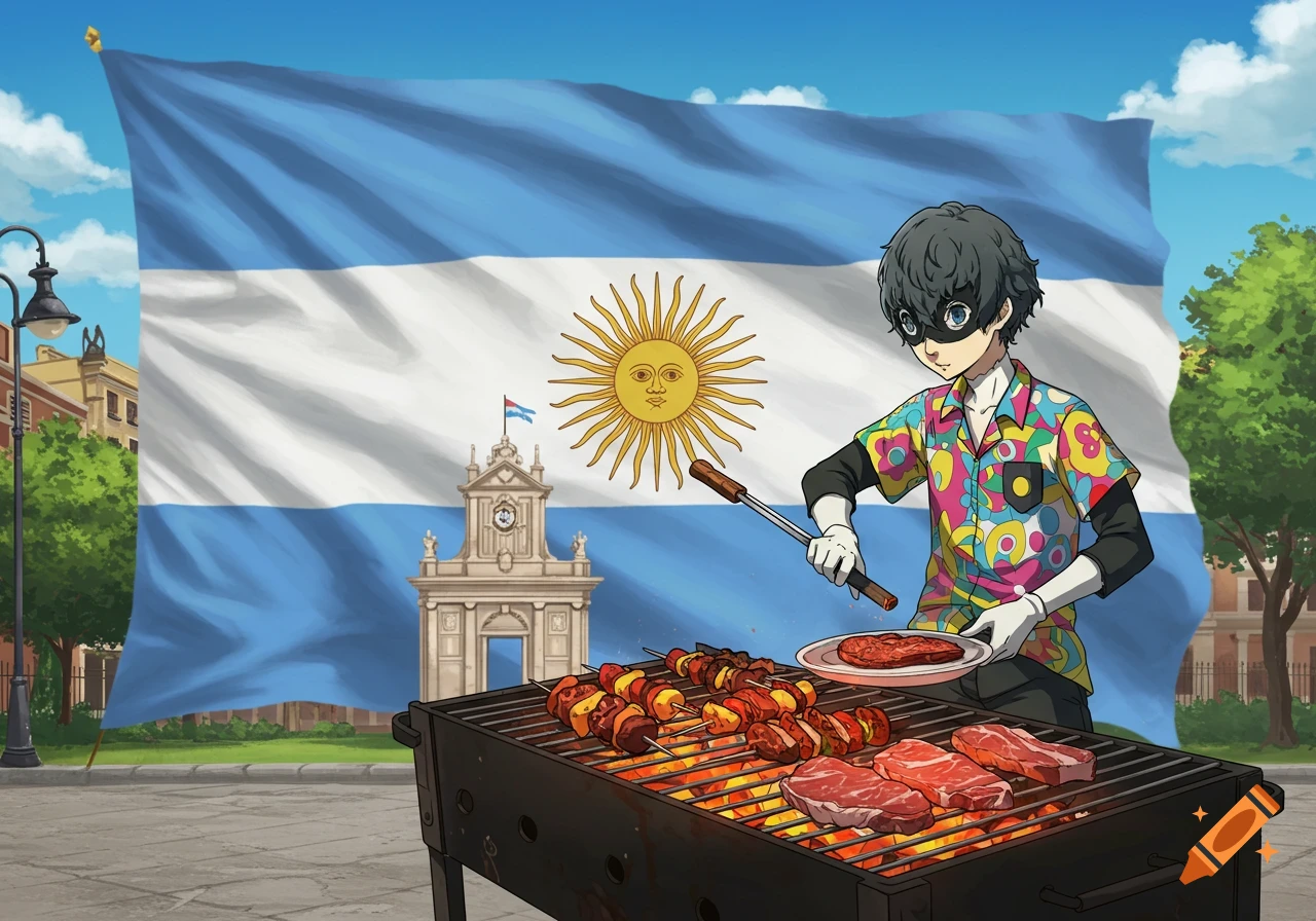 Anime character grilling meat in front of a large Argentinian flag and building.