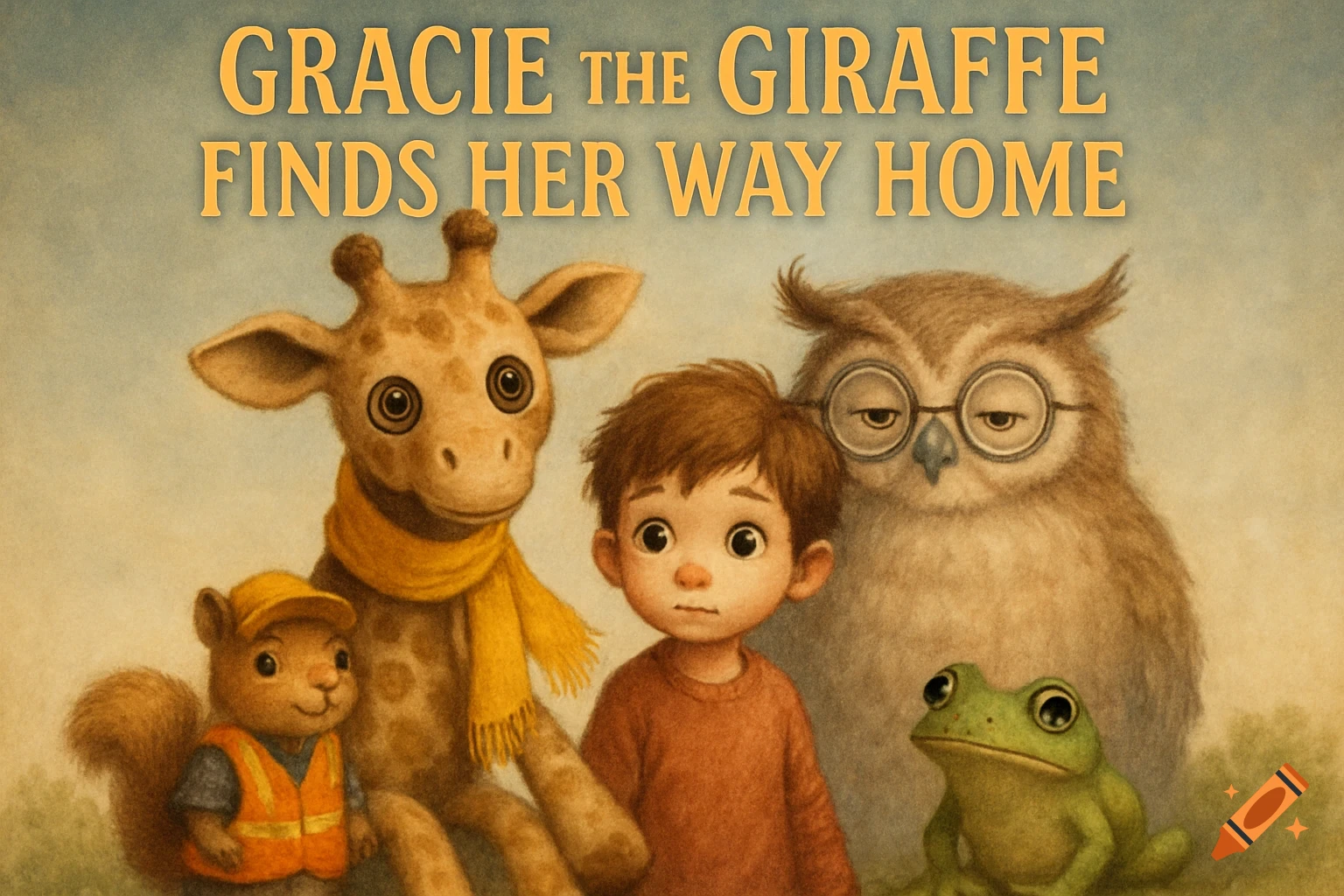 A group of friends, a giraffe, boy, squirrel, owl, and frog, under the title "GRACIE THE GIRAFFE FINDS HER WAY HOME".