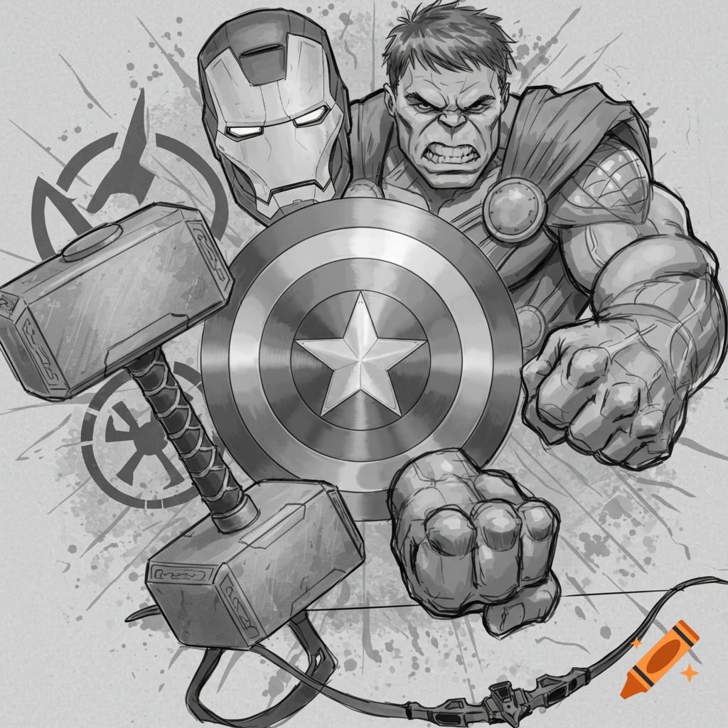 Grayscale sketch collage of Iron Man helmet, Hulk face and fists, Captain America shield, Thor hammer, and Hawkeye bow.