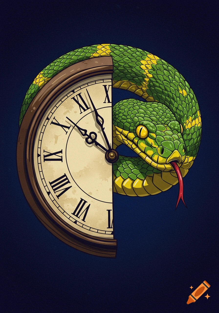 Stylized illustration of a green and yellow snake coiled around a vintage clock face with Roman numerals.
