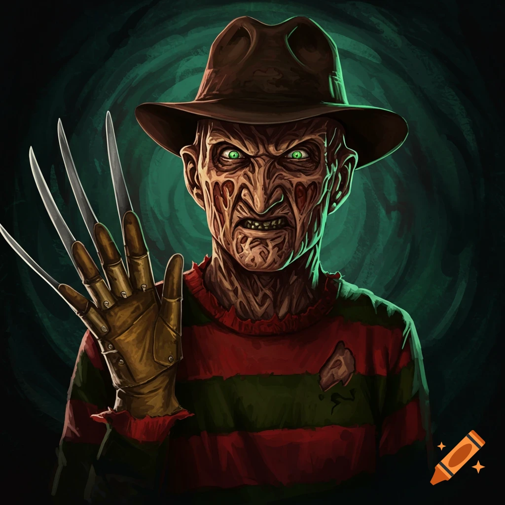 Illustration of Freddy Krueger wearing a hat and striped sweater, holding his bladed glove.