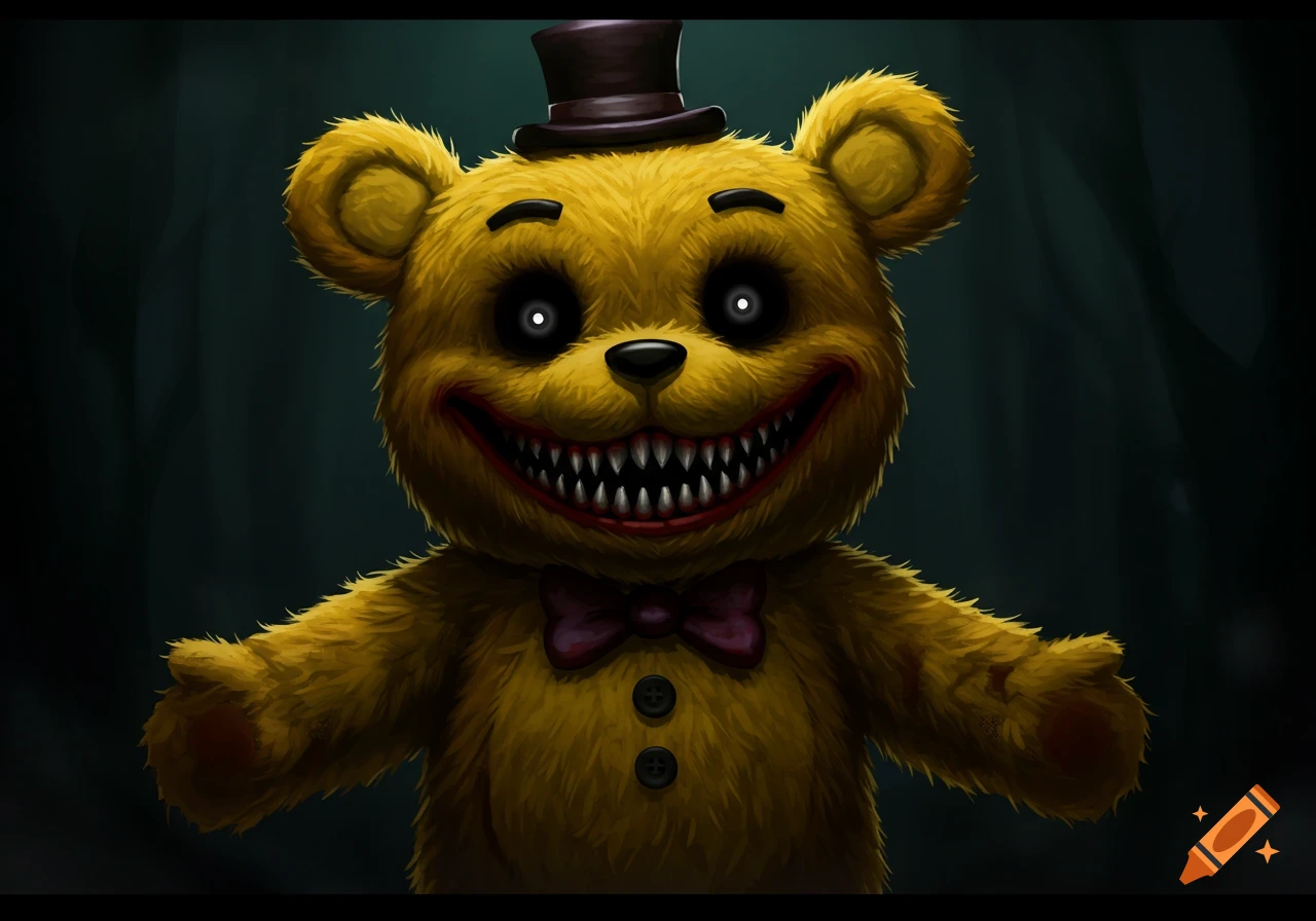 A creepy yellow teddy bear with sharp teeth and glowing eyes wears a top hat and bow tie in a digital illustration.