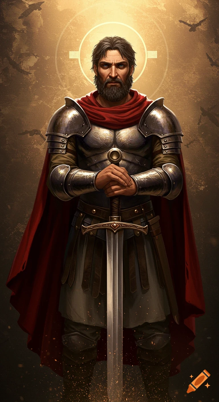 A man in armor with a red cape holds a sword, standing with a symbolic halo behind him and birds in the background.
