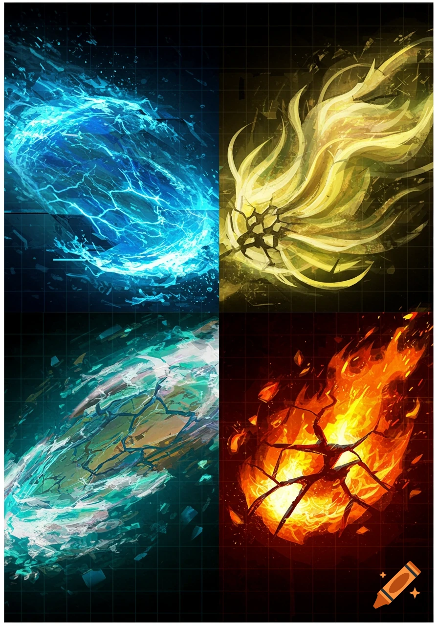 Abstract illustration of water, air, earth, and fire forces exploding on a grid background.