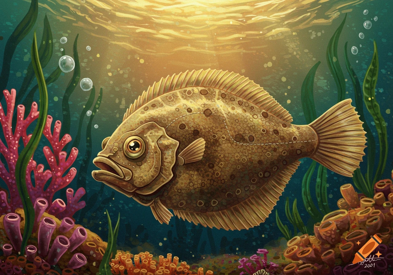 Illustration of a flounder fish swimming underwater near coral and seaweed