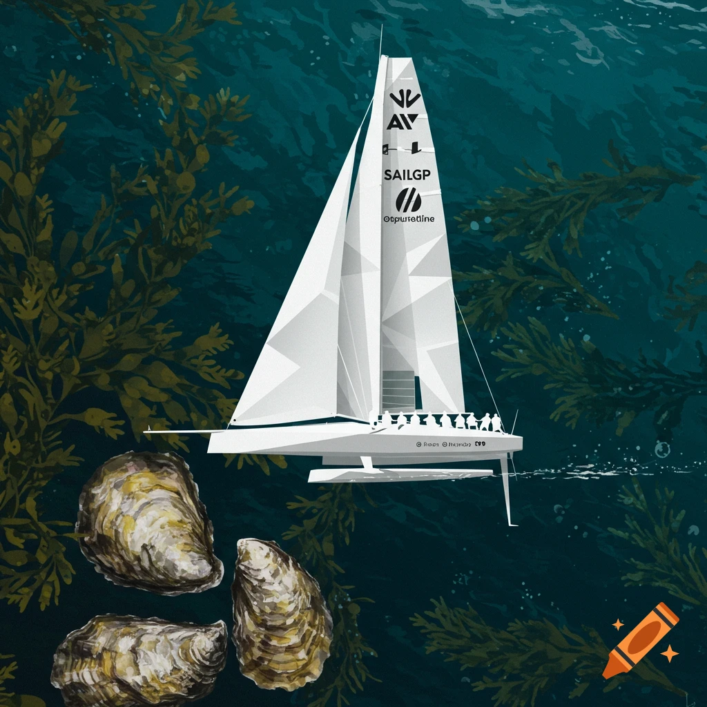 Illustrative view of a sailboat sailing above three oysters and seaweed in dark blue water.