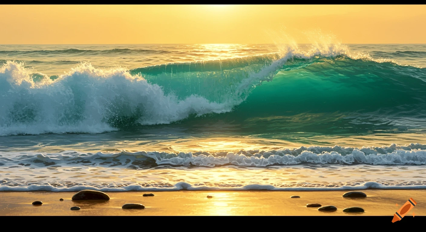 Large wave crashing on a sandy beach during golden hour