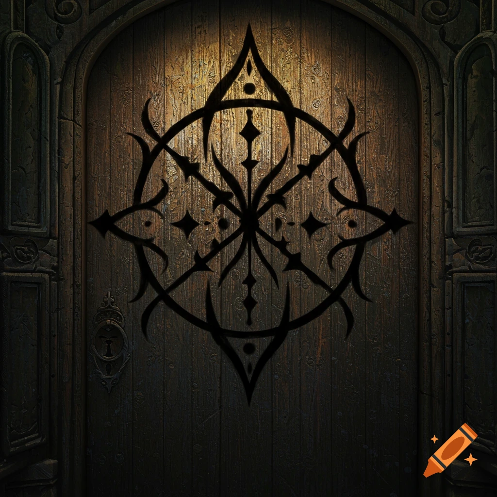 A wooden door with a large black magical symbol on it.