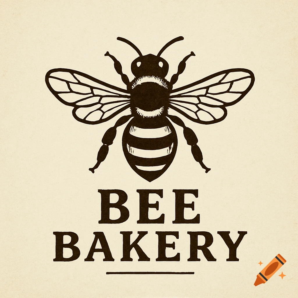 A black and white logo of a bee above the text "BEE BAKERY".