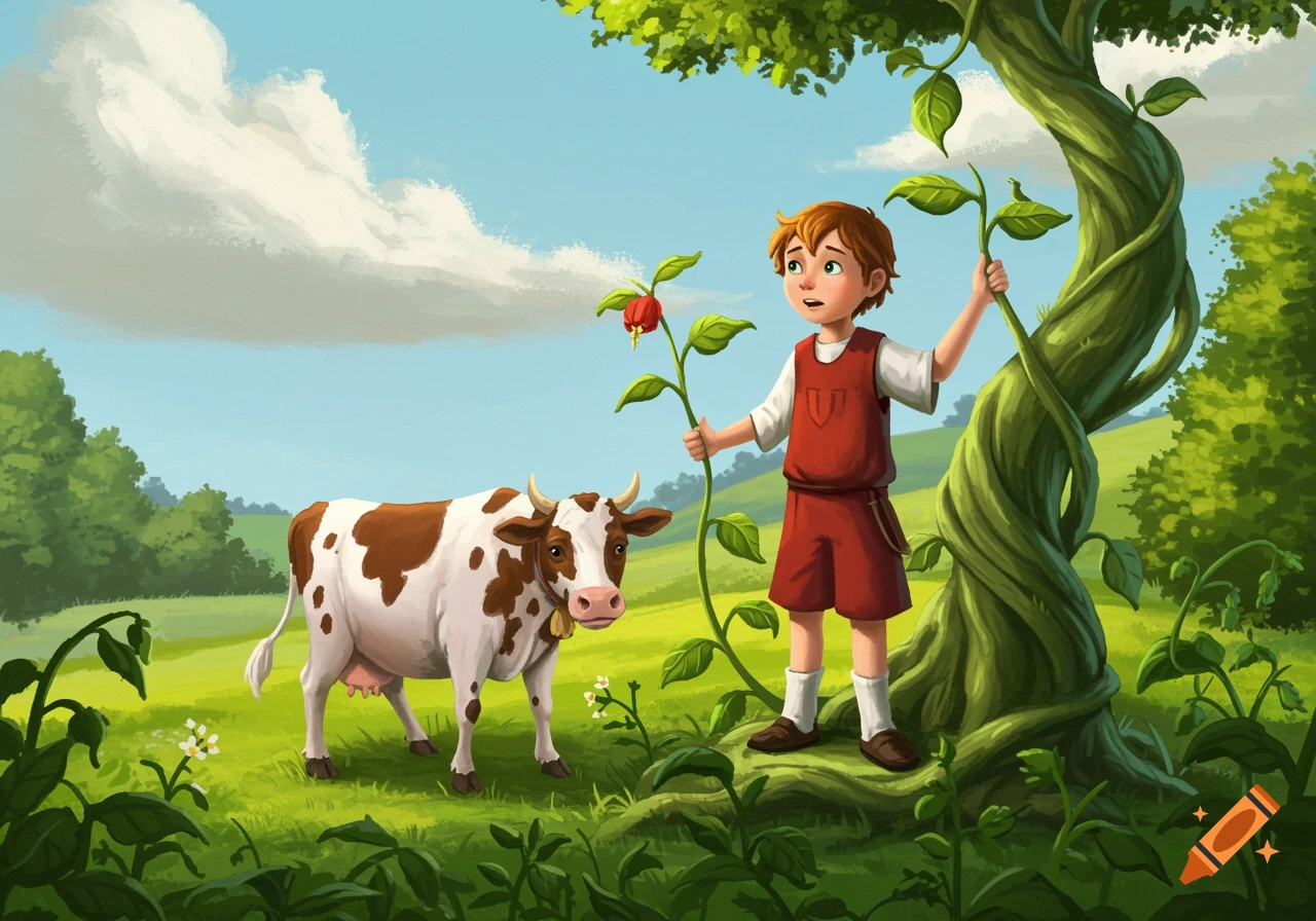 Illustration of a boy standing near a giant beanstalk next to a cow in a grassy field.