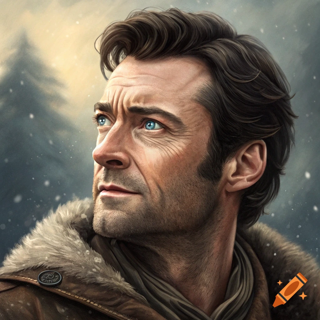 Realistic portrait of a man in a fur-collared jacket in the snow