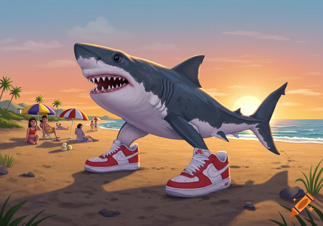 A large shark wearing red and white sneakers stands on a sunny beach. People sit under umbrellas in the background.