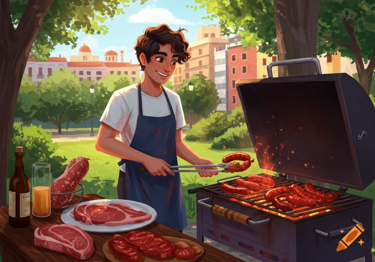 Illustration of a person grilling meat outdoors with steaks and sausages on a table.