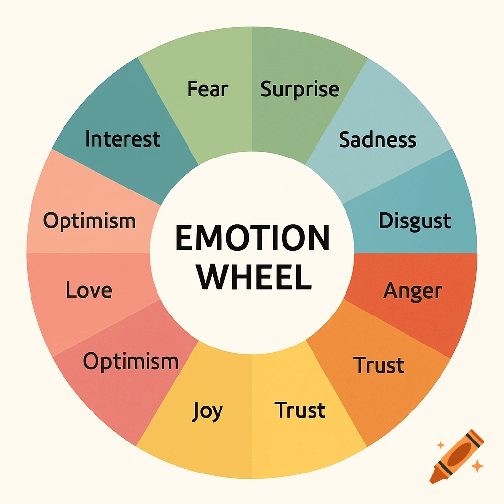 Emotion wheel chart with sections labeled for different emotions including Fear, Surprise, Sadness, Disgust, Anger, Trust, Joy, Optimism, Love, and Interest.
