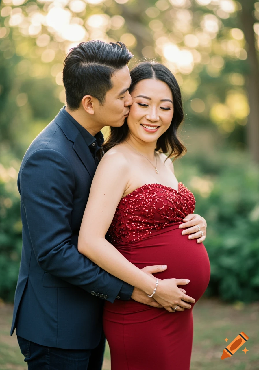 Man kisses pregnant woman in red dress outdoors