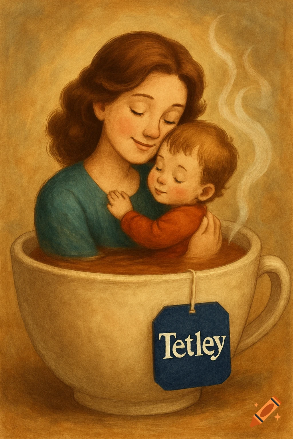 An illustration of a mother and child hugging inside a large teacup with a Tetley tag.