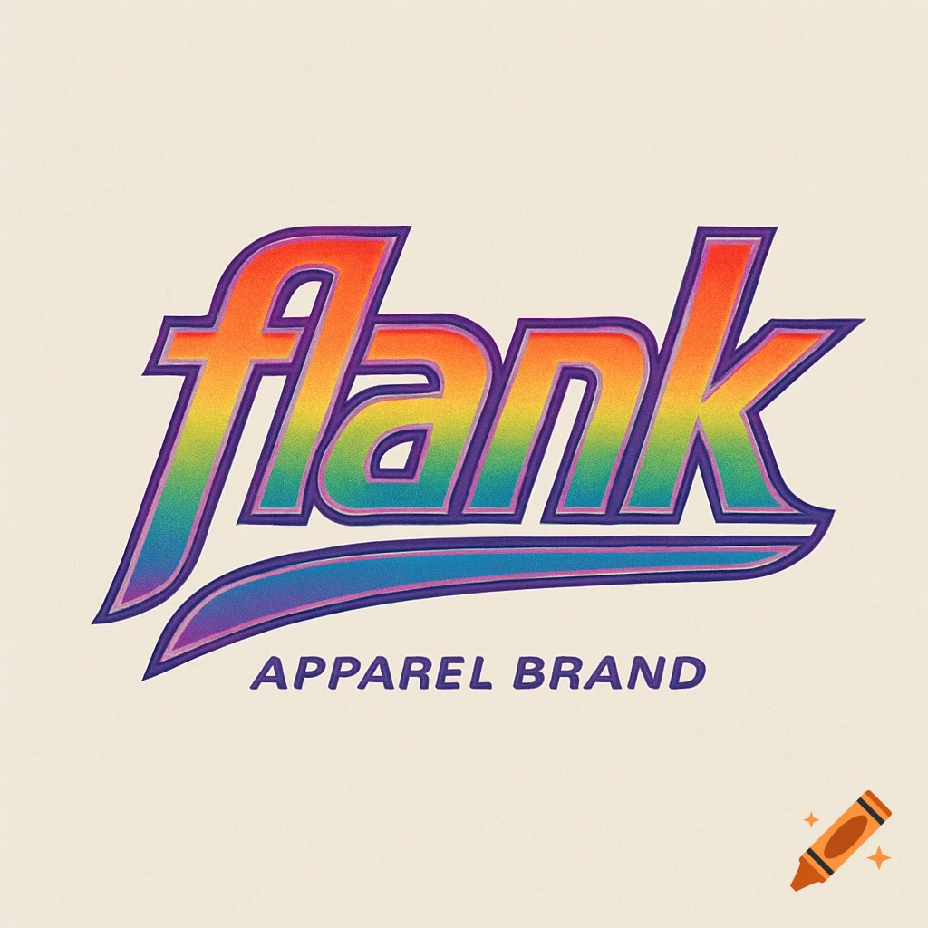 Retro rainbow gradient logo for 'flank APPAREL BRAND' on a light background.