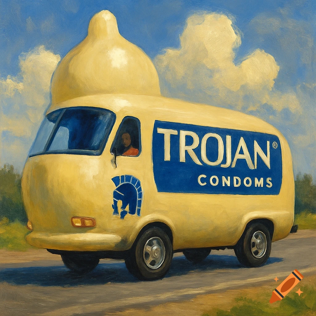 Oil painting of a yellow condom-shaped van with 'TROJAN CONDOMS' on the side, driving on a road.