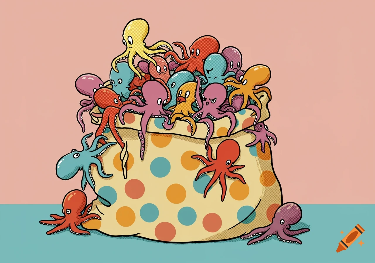 Cartoon octopuses spill out of a polka dot bag.