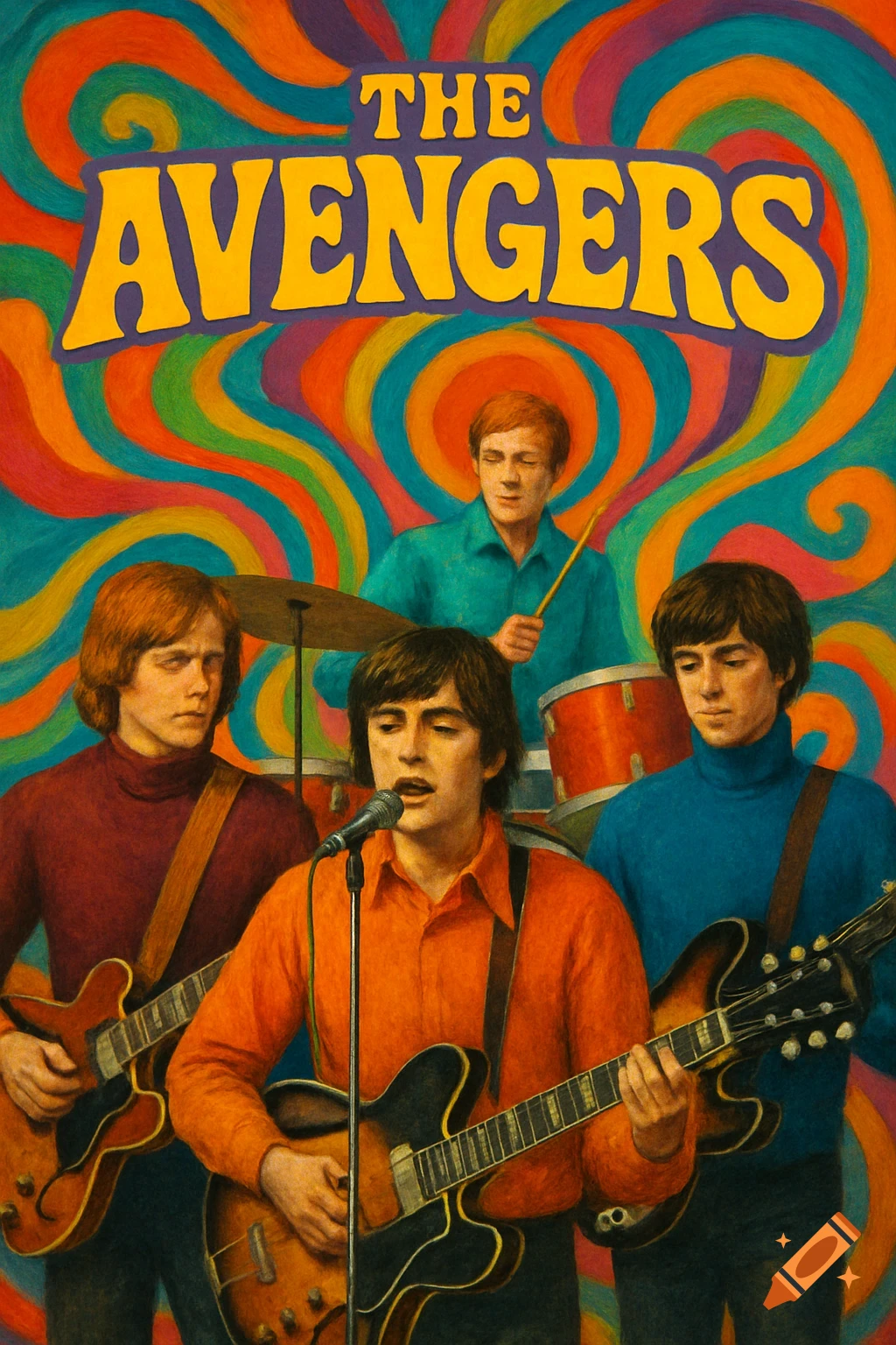 A psychedelic 60s-style poster featuring a band playing music.