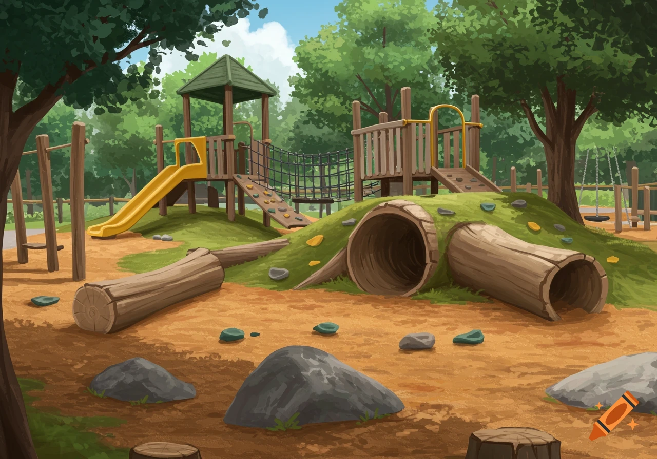 Illustration of an outdoor playground with a yellow slide, climbing net, tunnels made from logs, and swings.