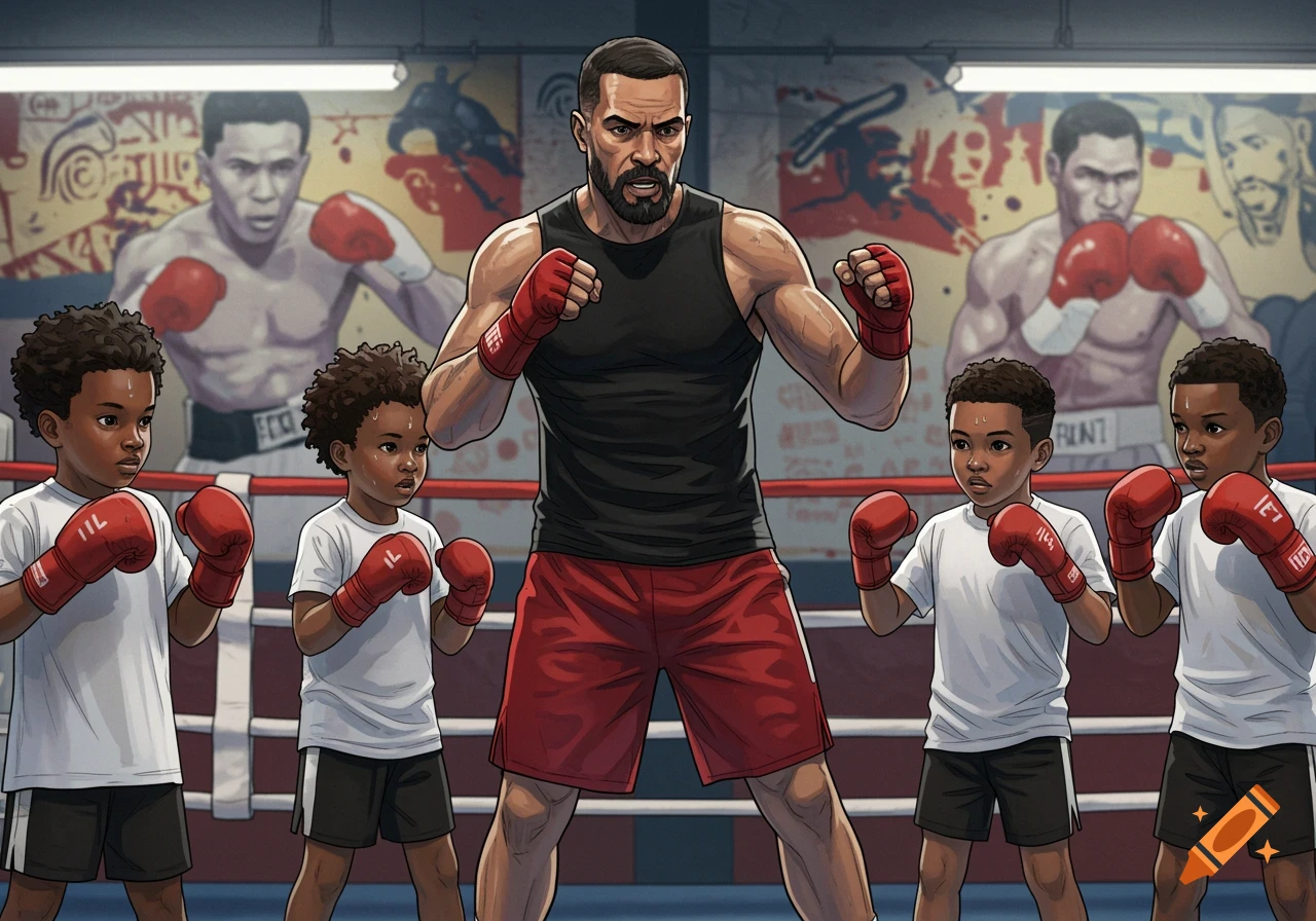 An illustration of a boxing trainer standing with four young boxers in a gym with posters in the background.
