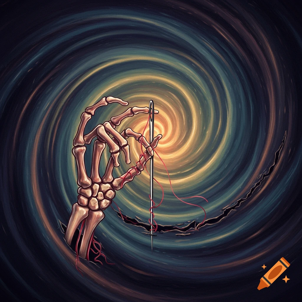 Skeletal hand stitching a rip with needle and red thread from its wrist against a swirling background.