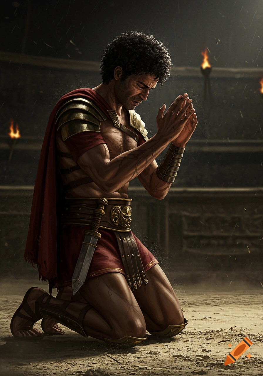 Roman gladiator kneels and prays in a dark arena.