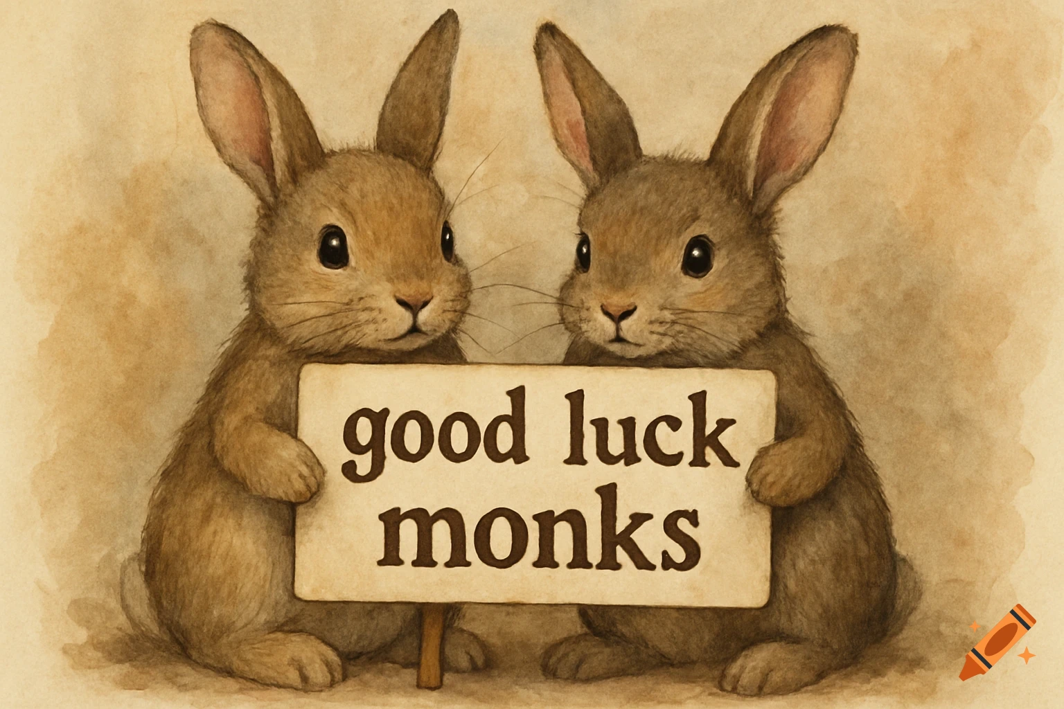 Two watercolor bunnies hold a sign reading 'good luck monks'