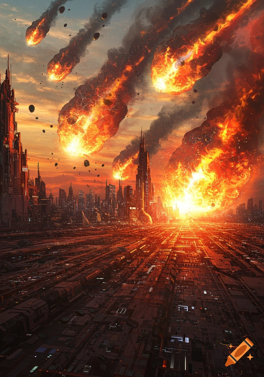 A futuristic city skyline is engulfed in fire as giant asteroids rain down from a red sky.
