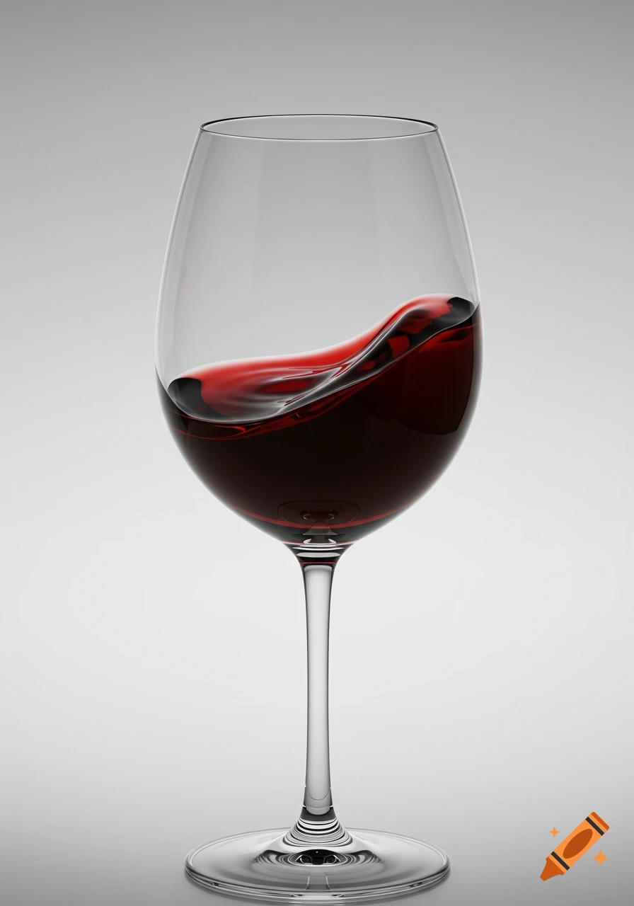 Photorealistic image of red wine splashing inside a clear glass against a light background.