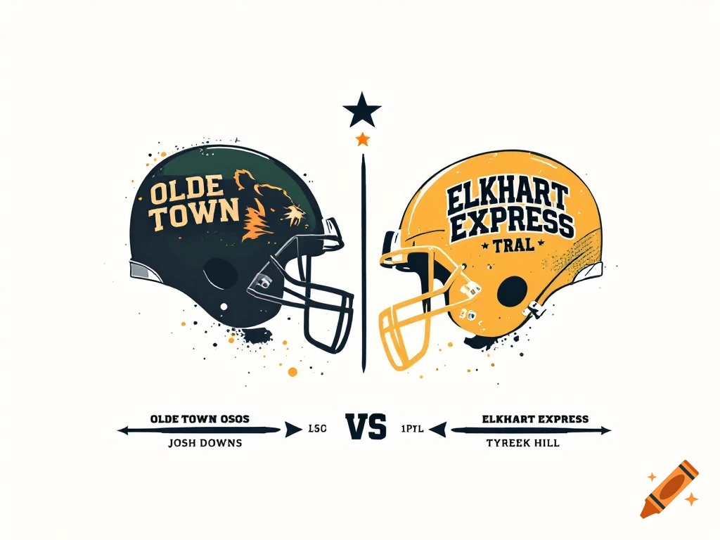 Graphic featuring two football helmets. A dark green helmet with 'OLDE TOWN' and a bear logo faces a yellow helmet with 'ELKHART EXPRESS'. Text below indicates a trade involving 'OLDE TOWN OSOS', 'JOSH DOWNS', 'ELKHART EXPRESS', and 'TYREEK HILL'.