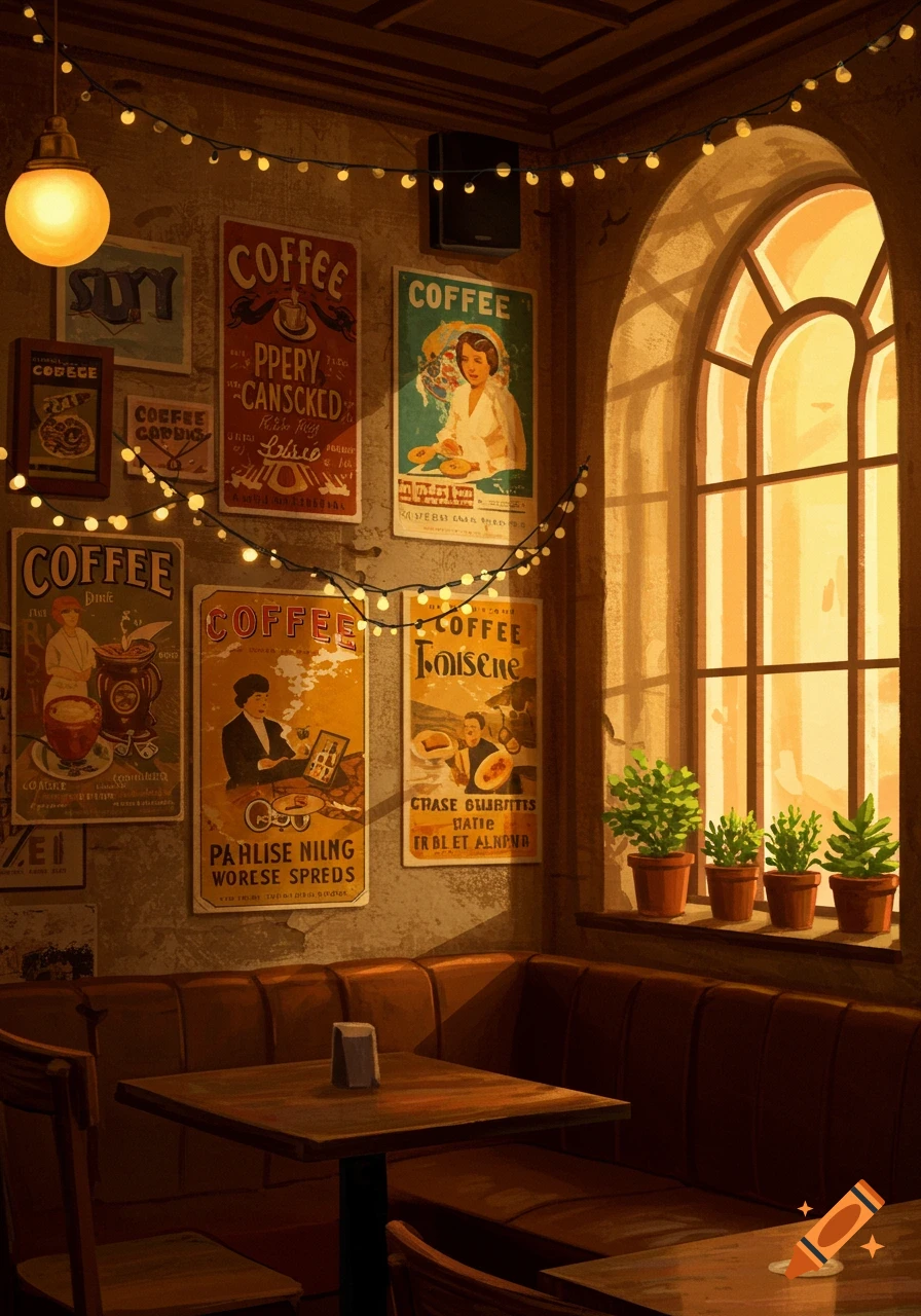 Cafe interior with vintage posters on the wall, string lights, seating area, and a sunny window.