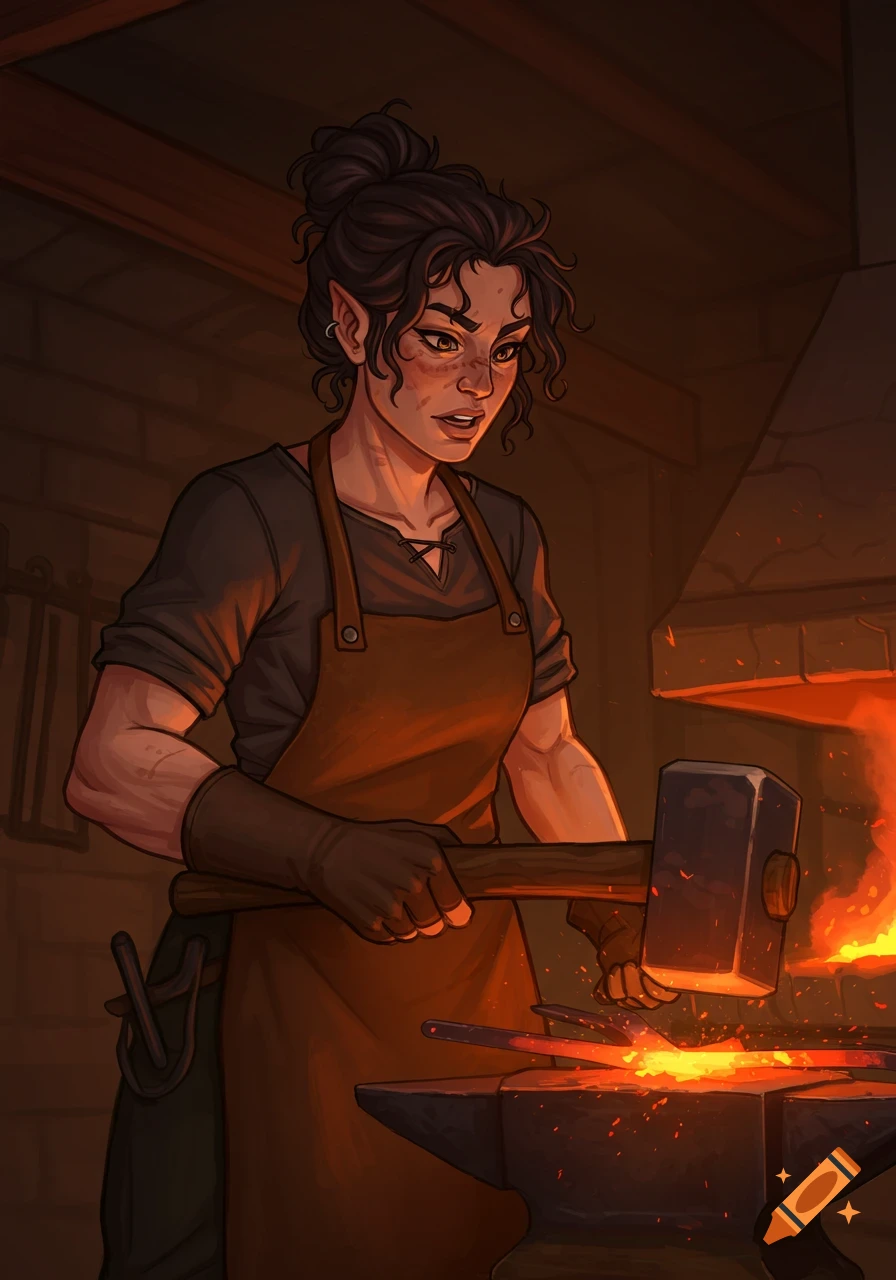 Female elf blacksmith hammering metal on an anvil in a dark forge. Slightly cartoonish style.