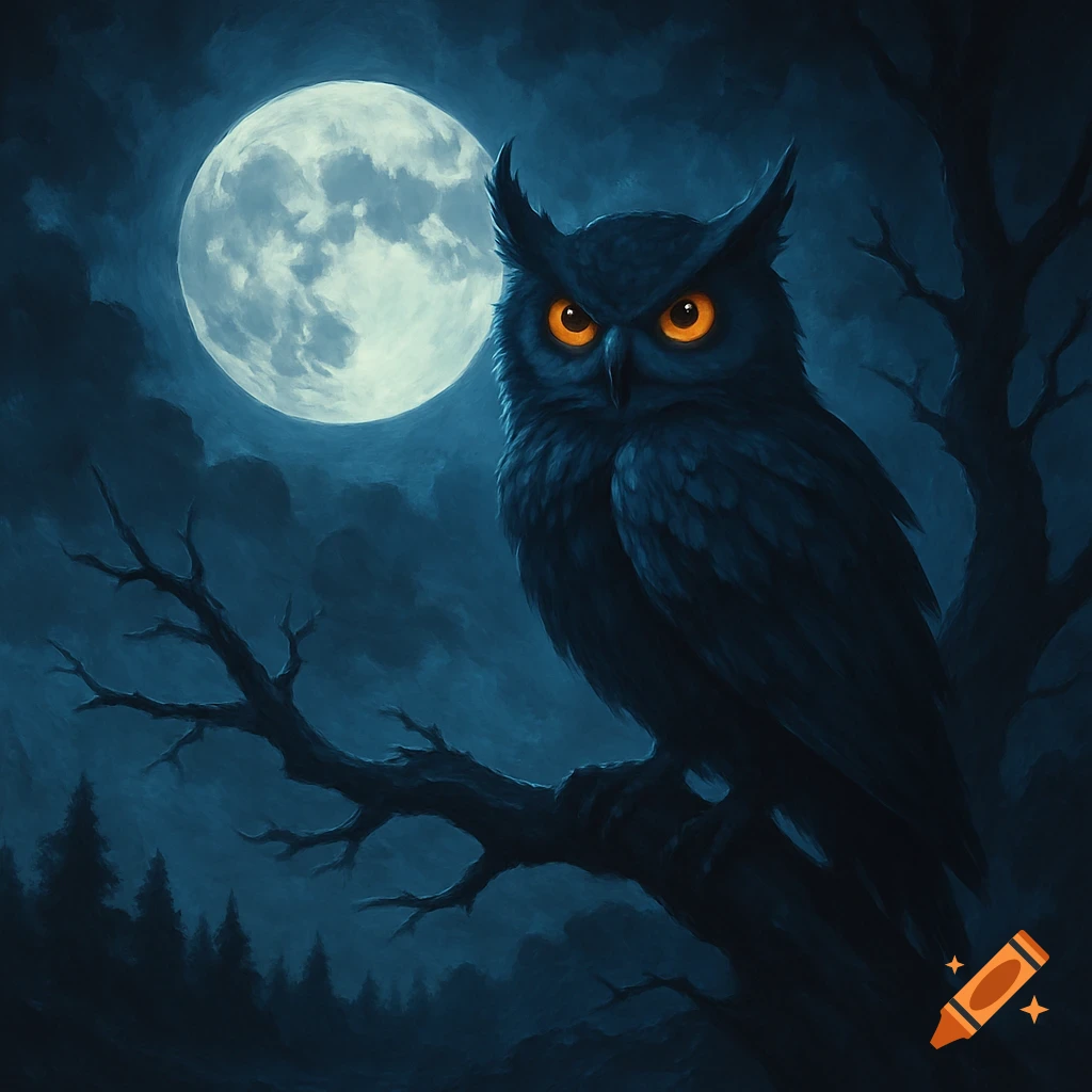 An owl with glowing orange eyes sits on a branch under a full moon at night. Painted style.
