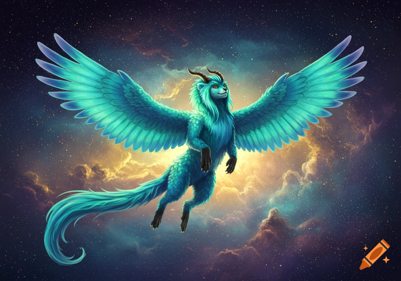 A teal furry winged creature with horns flies through starry space with colorful clouds.