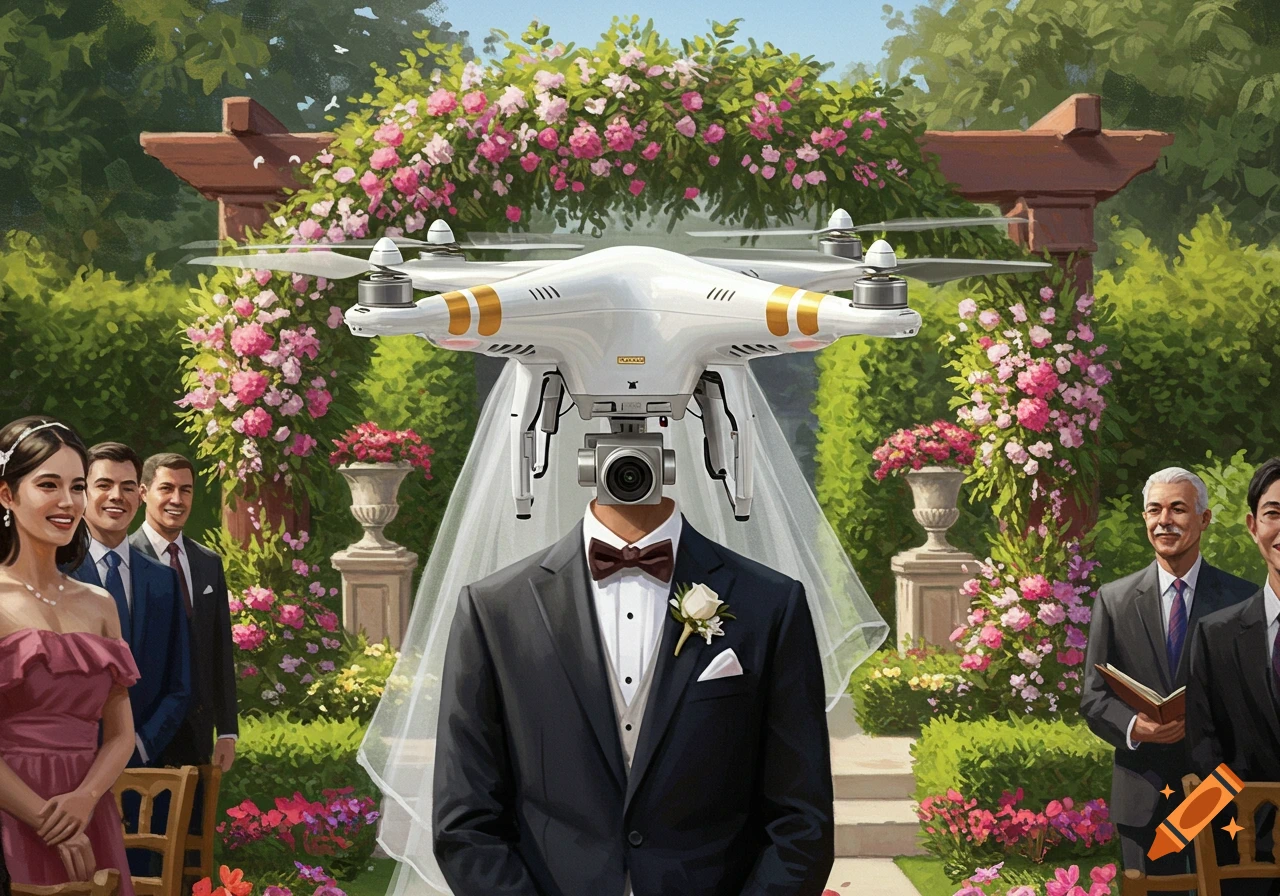 Surreal illustration of a drone wearing a suit and veil during an outdoor wedding ceremony.