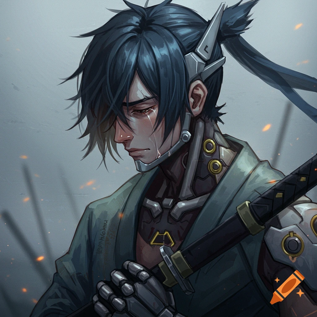 Crying cyborg samurai character in anime style holding a sword.