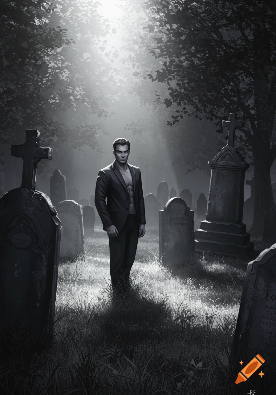 A man with an open jacket stands in a misty, dramatic black and white cemetery.