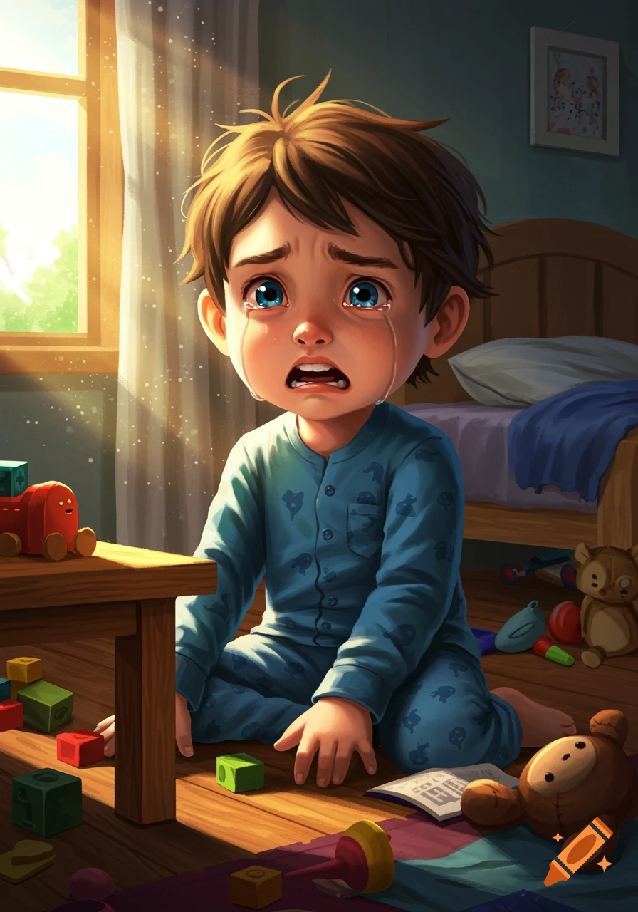 Illustration of a young boy crying, sitting on the floor in his bedroom surrounded by toys.