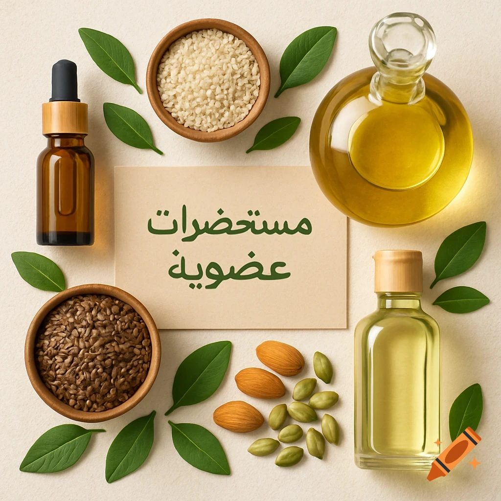 Overhead view of bottles of oil, bowls of seeds, almonds, pumpkin seeds, and green leaves around a card.