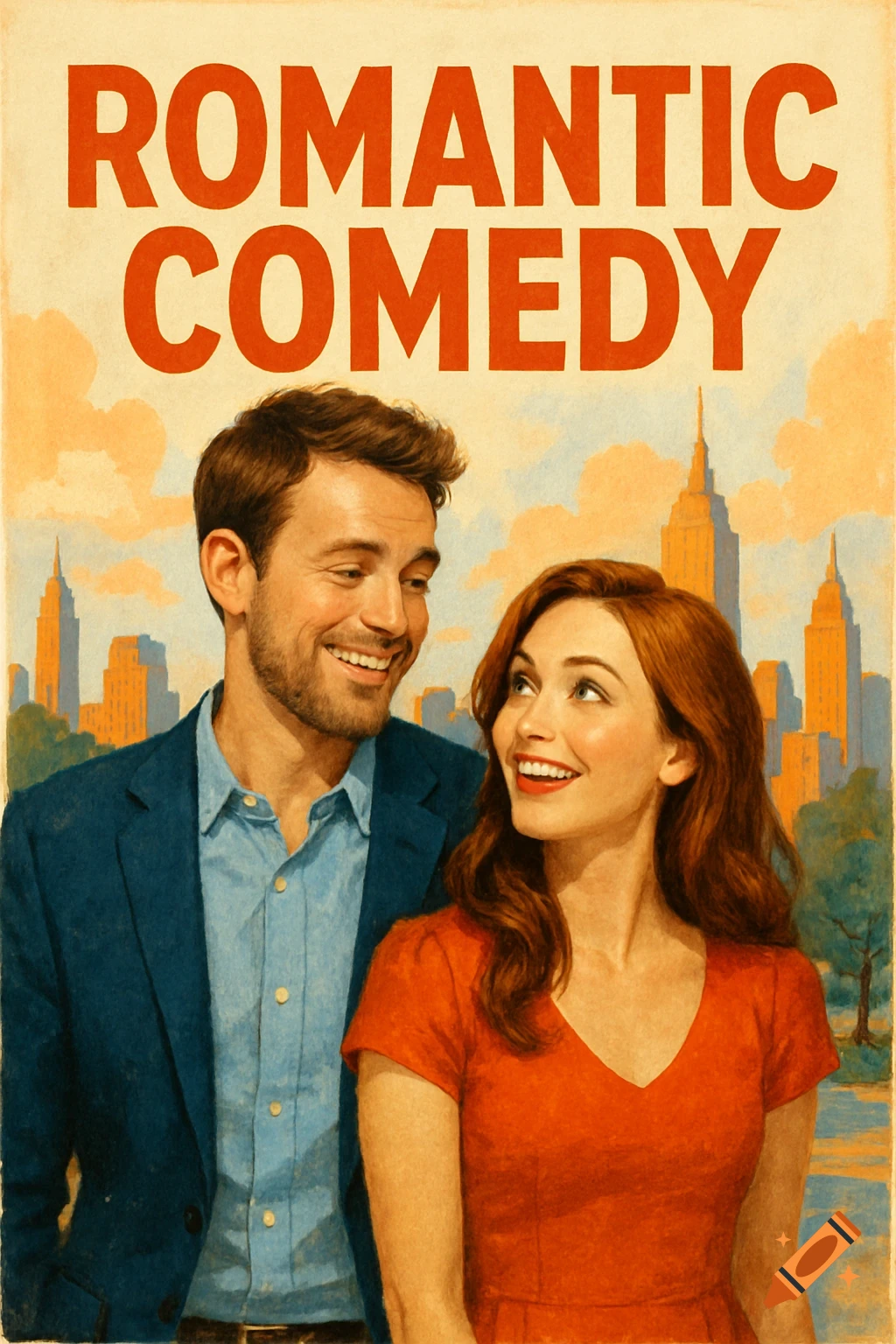A vintage-style romantic comedy movie poster featuring a smiling couple in front of a city skyline.