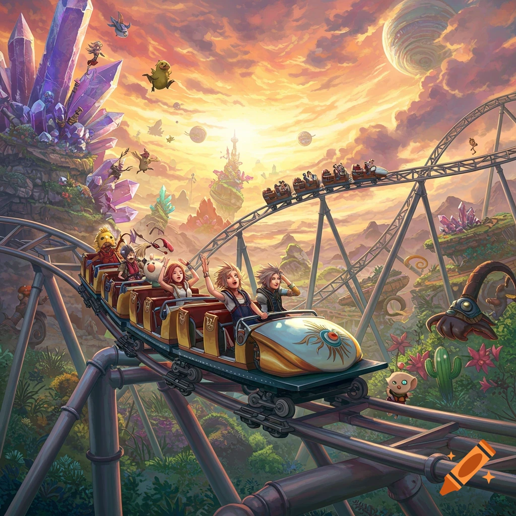 Final Fantasy characters ride a roller coaster through a fantasy landscape with crystals and creatures.