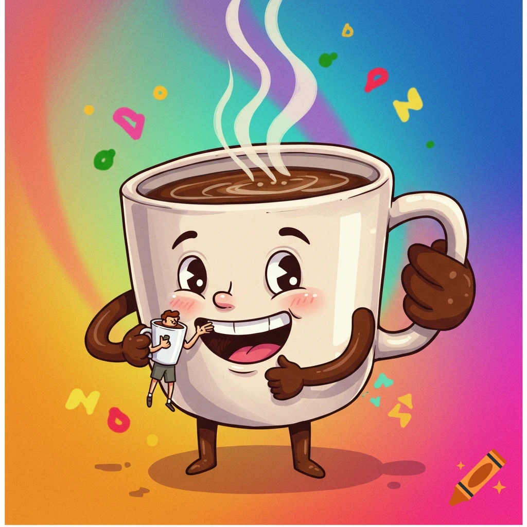 Cartoon coffee mug character holding a tiny human drinking coffee.