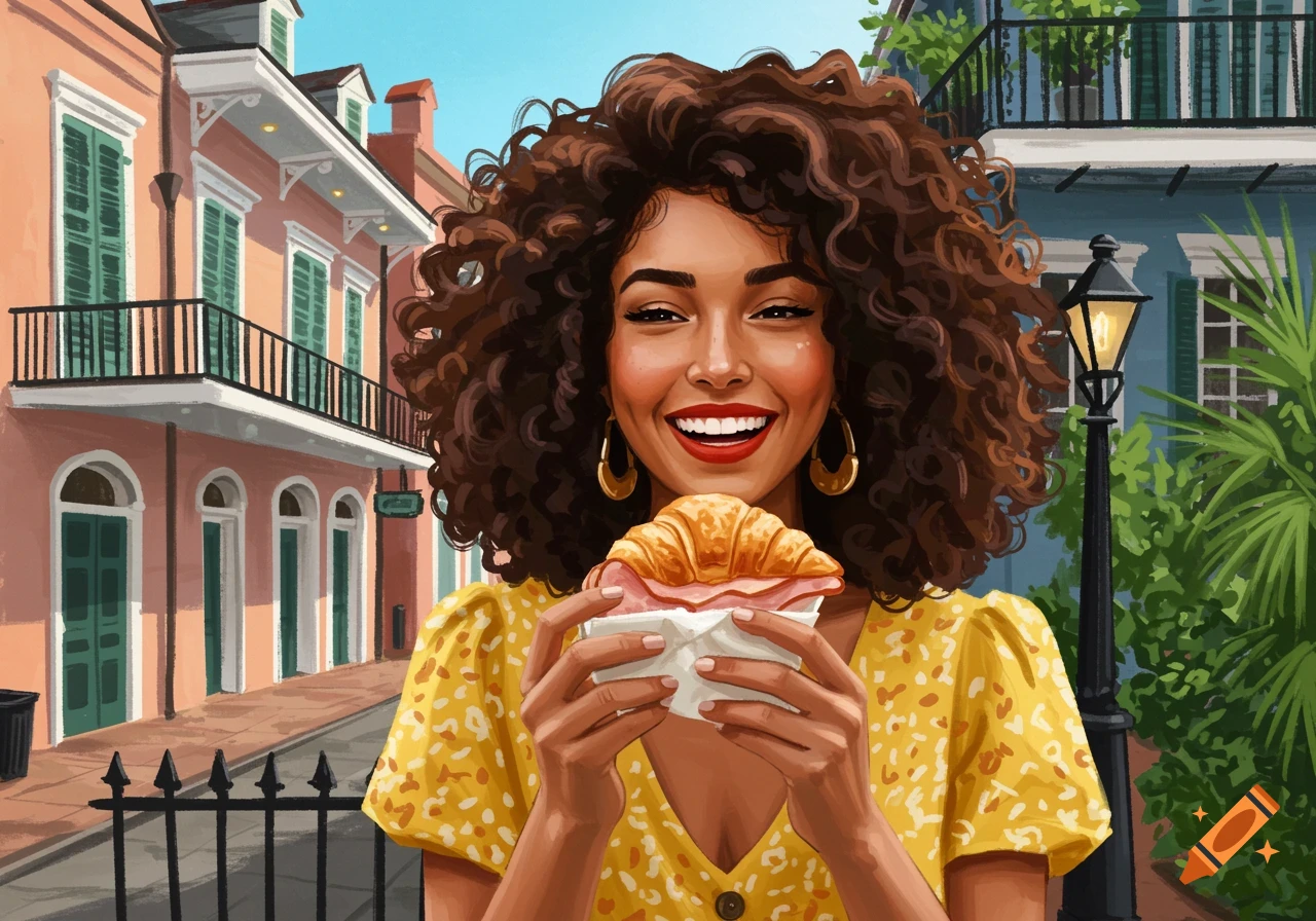 Illustration of a smiling woman eating a ham and cheese croissant in front of buildings in New Orleans.