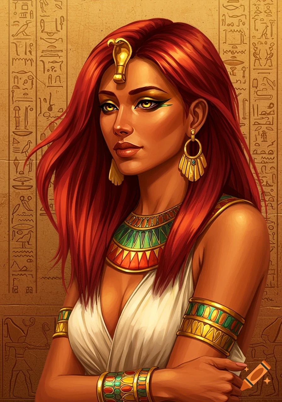 Portrait of an Egyptian woman with red hair, golden eyes, and elaborate jewelry against a hieroglyphic background.