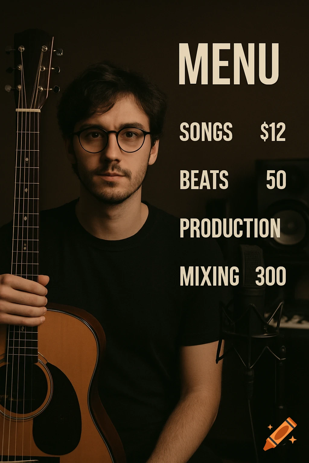 A man with glasses holds an acoustic guitar next to a music service menu.