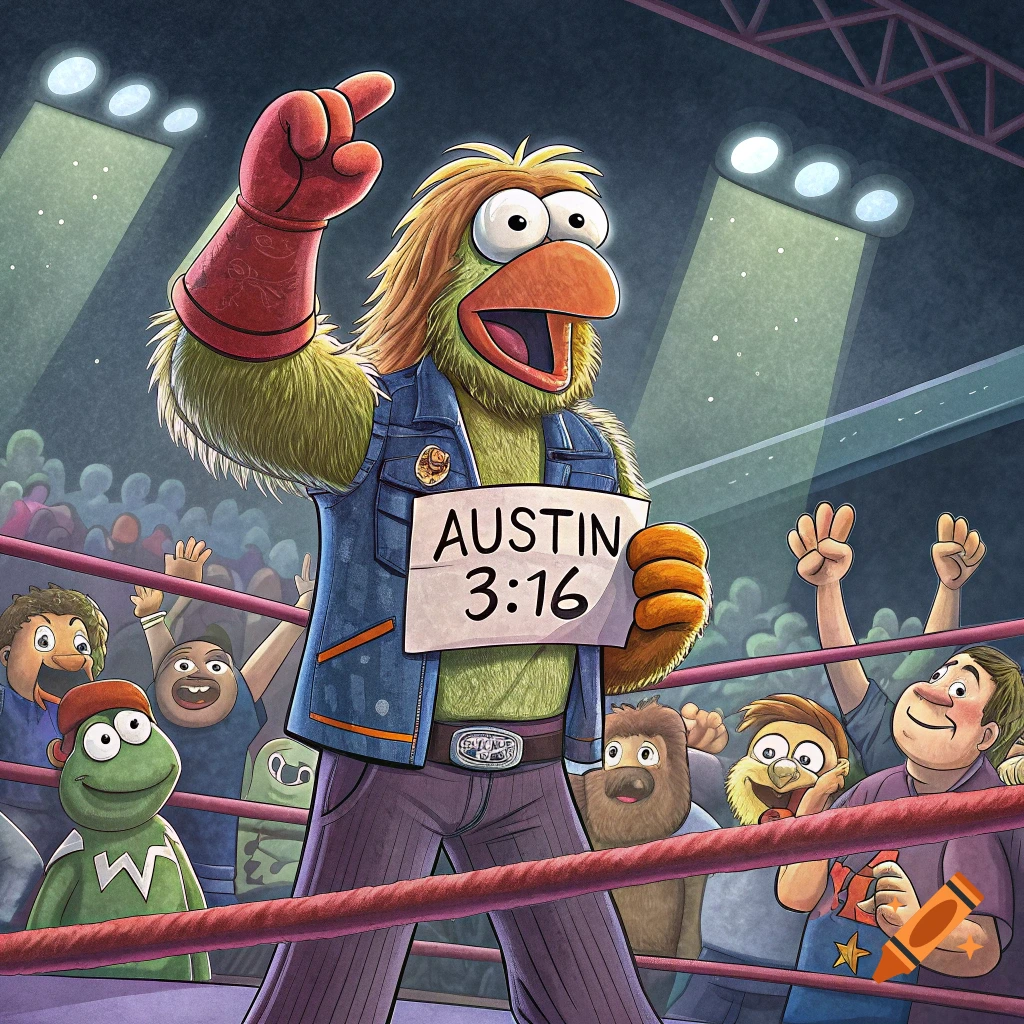 Muppet-like character holding an 'Austin 3:16' sign in a wrestling ring, cartoon style.